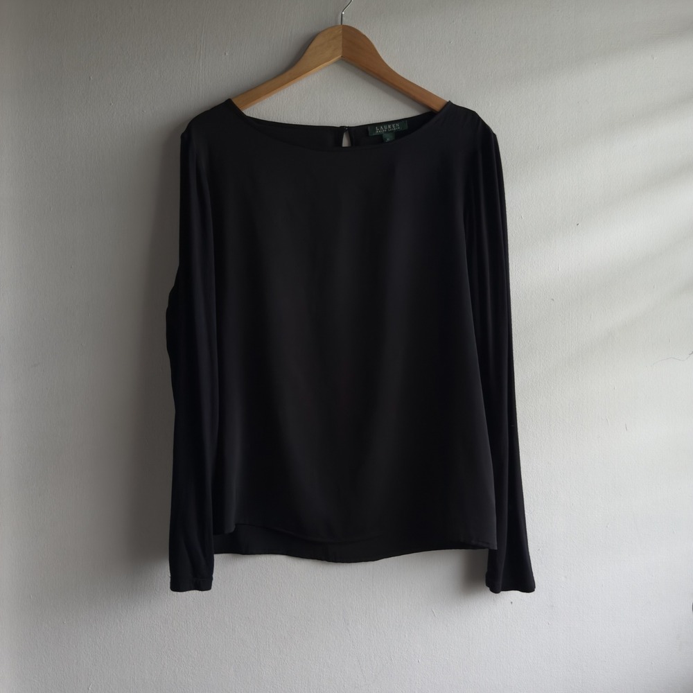 Lauren Ralph Lauren Boat Neck Long Sleeve Blouse Women XL Black Career Top